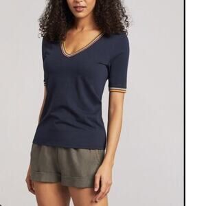 Faherty Marin  Retro Navy V-neck Rainbow trim tee shirt size Midium Festival